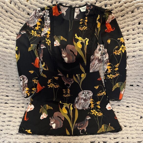 Sunday Best Woman's Black Owl Floral Print Mini Dress Size 00 - Picture 1 of 11